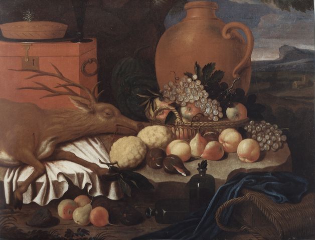 Anonimo — Autore non indicato - sec. XVIII - Natura morta con cervo, cesto di uva e mele, cedri e fichi — insieme
